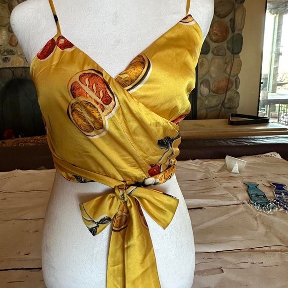 Tops - Show me your Mumu yellow silk wrap top with orange slices and leaves print, s...